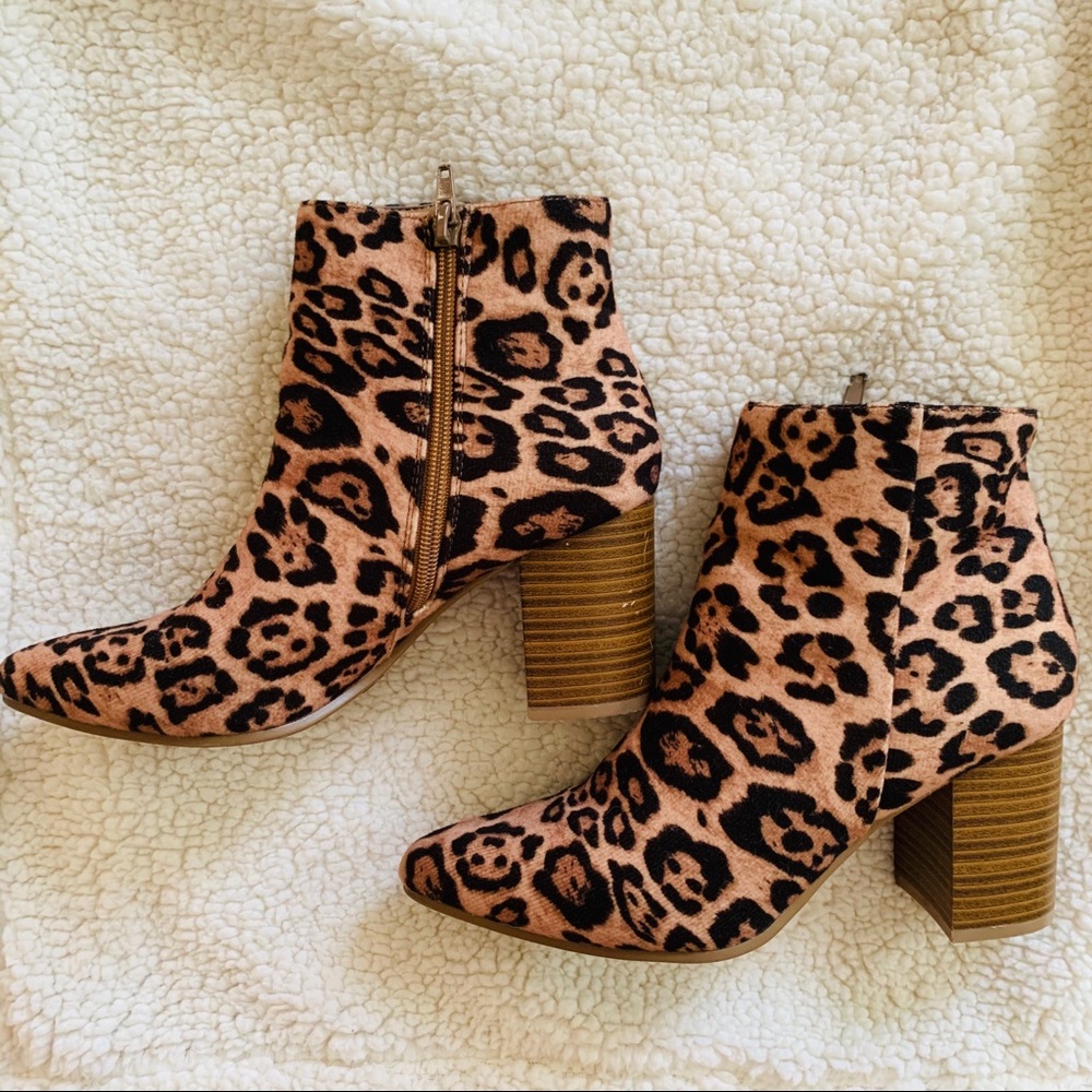 Charming Charlie Leopard Print Block Heel Ankle Boots - Black & Tan